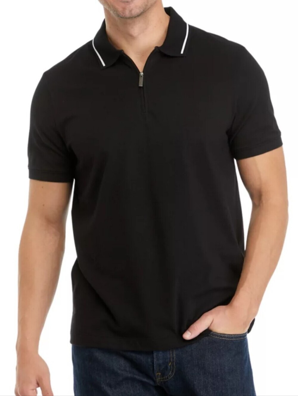 Perry Ellis Black Polo with White Collar Piping Size M  NWOT